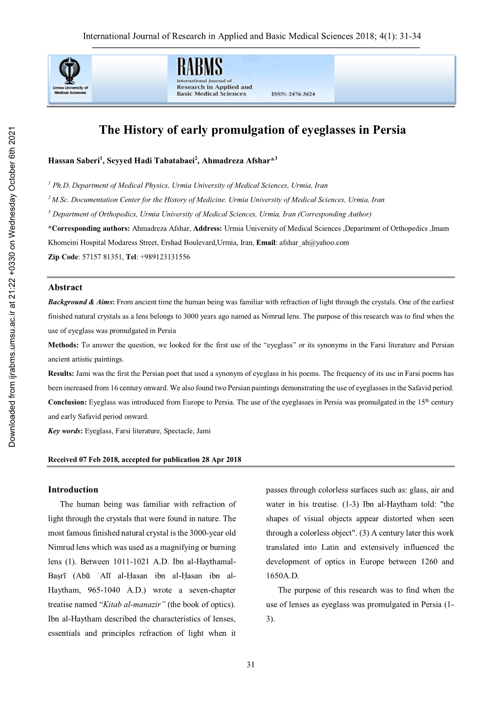 The History of Early Promulgation of Eyeglasses in Persia