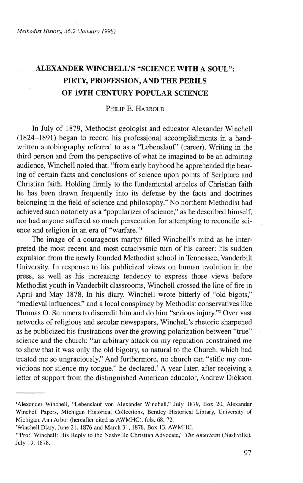 Alexander Winchell's "Science with a Soul": Piety, Profession, and the Perils of 19Th Century Popular Science