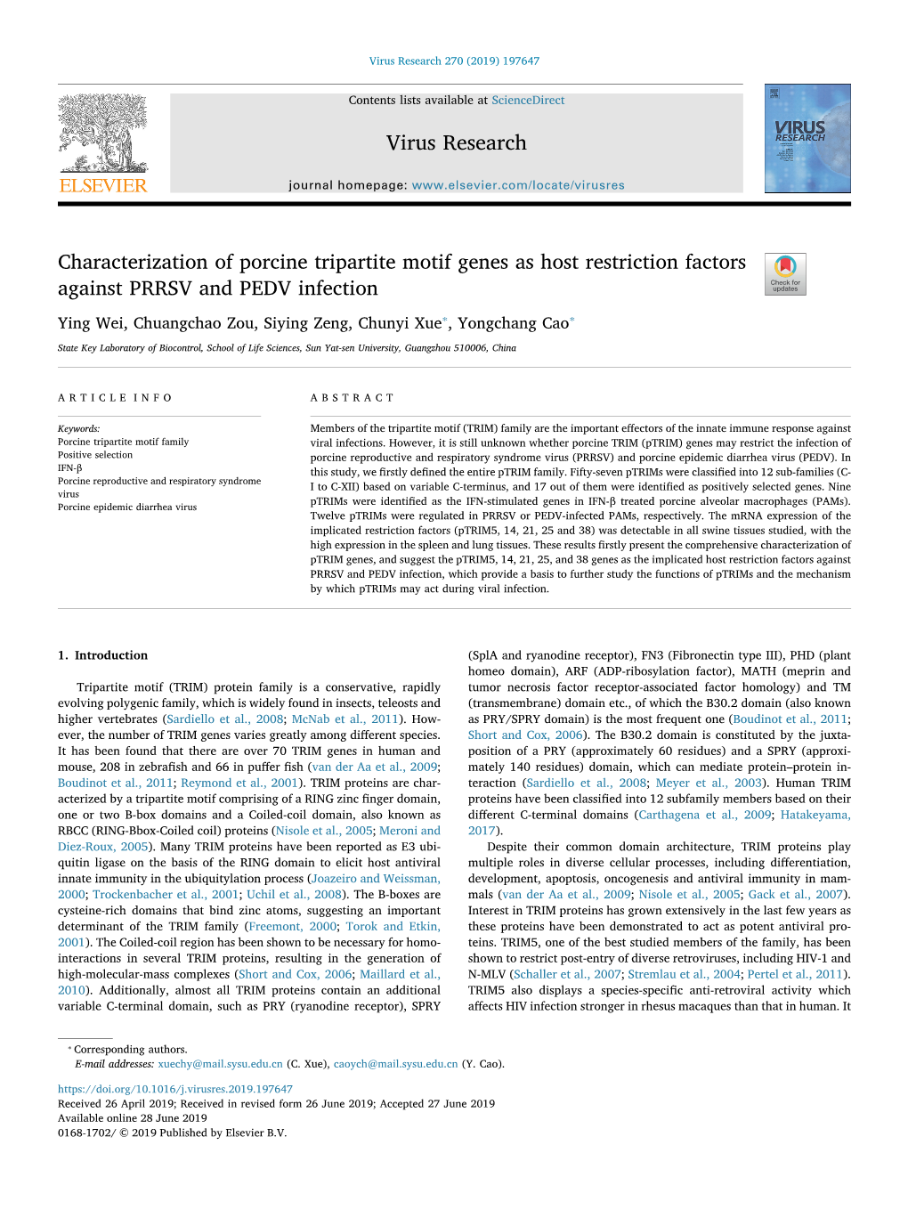 Characterization of Porcine Tripartite Motif Genes As Host Restriction