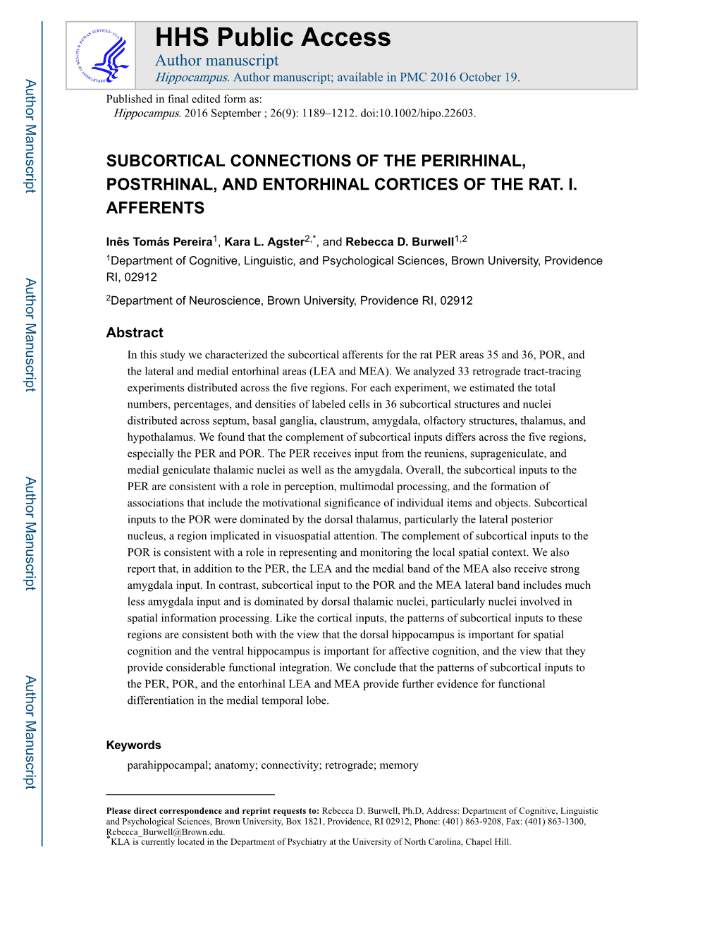 Subcortical Connections of the Perirhinal, Postrhinal, and Entorhinal Cortices of the Rat. I. Afferents