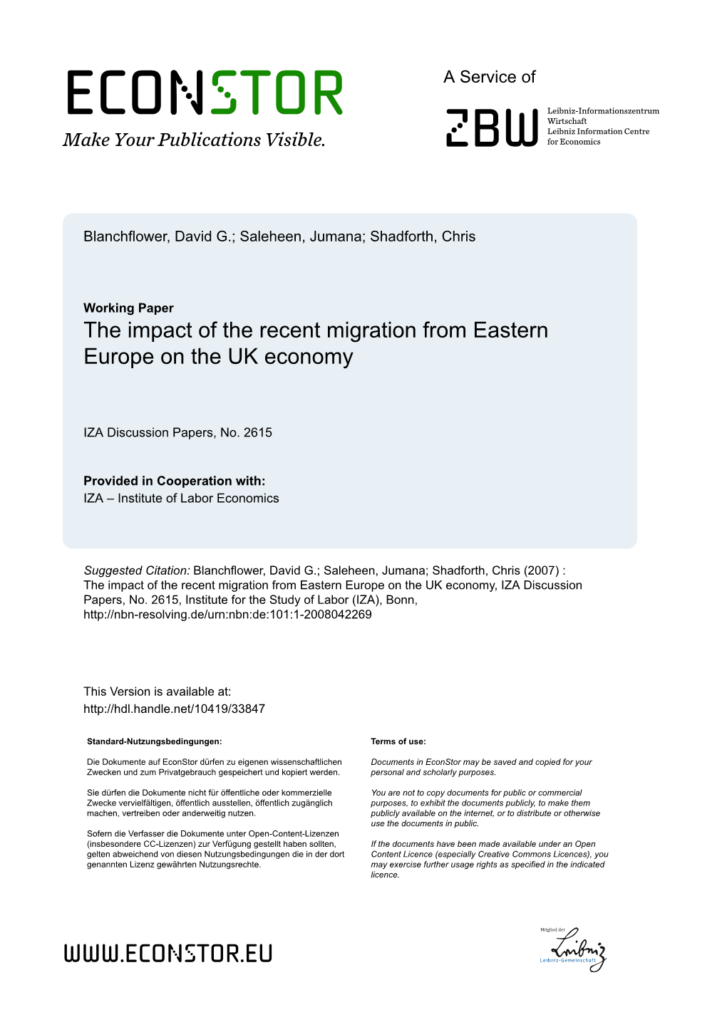 The Impact of the Recent Migration from Eastern Europe on the UK Economy