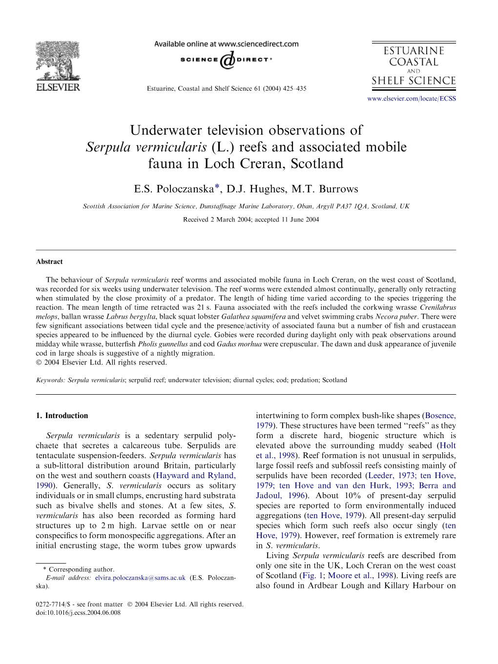 (L.) Reefs and Associated Mobile Fauna in Loch Creran, Scotland