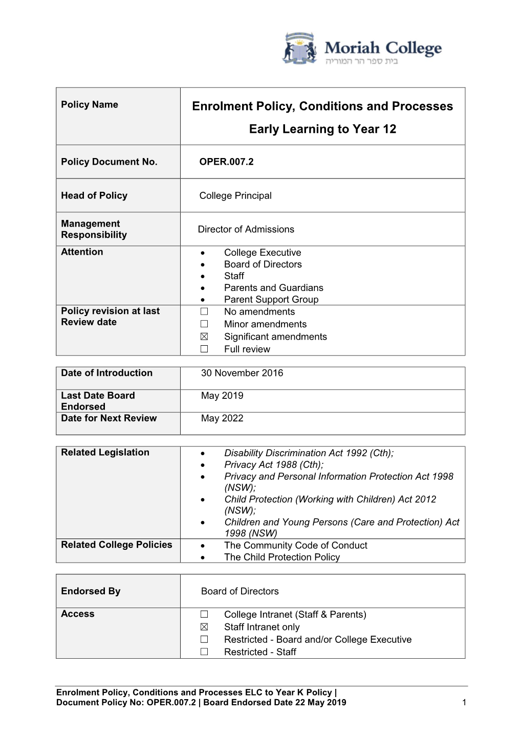 Enrolment Policy, Conditions and Processes Early Learning to Year 12