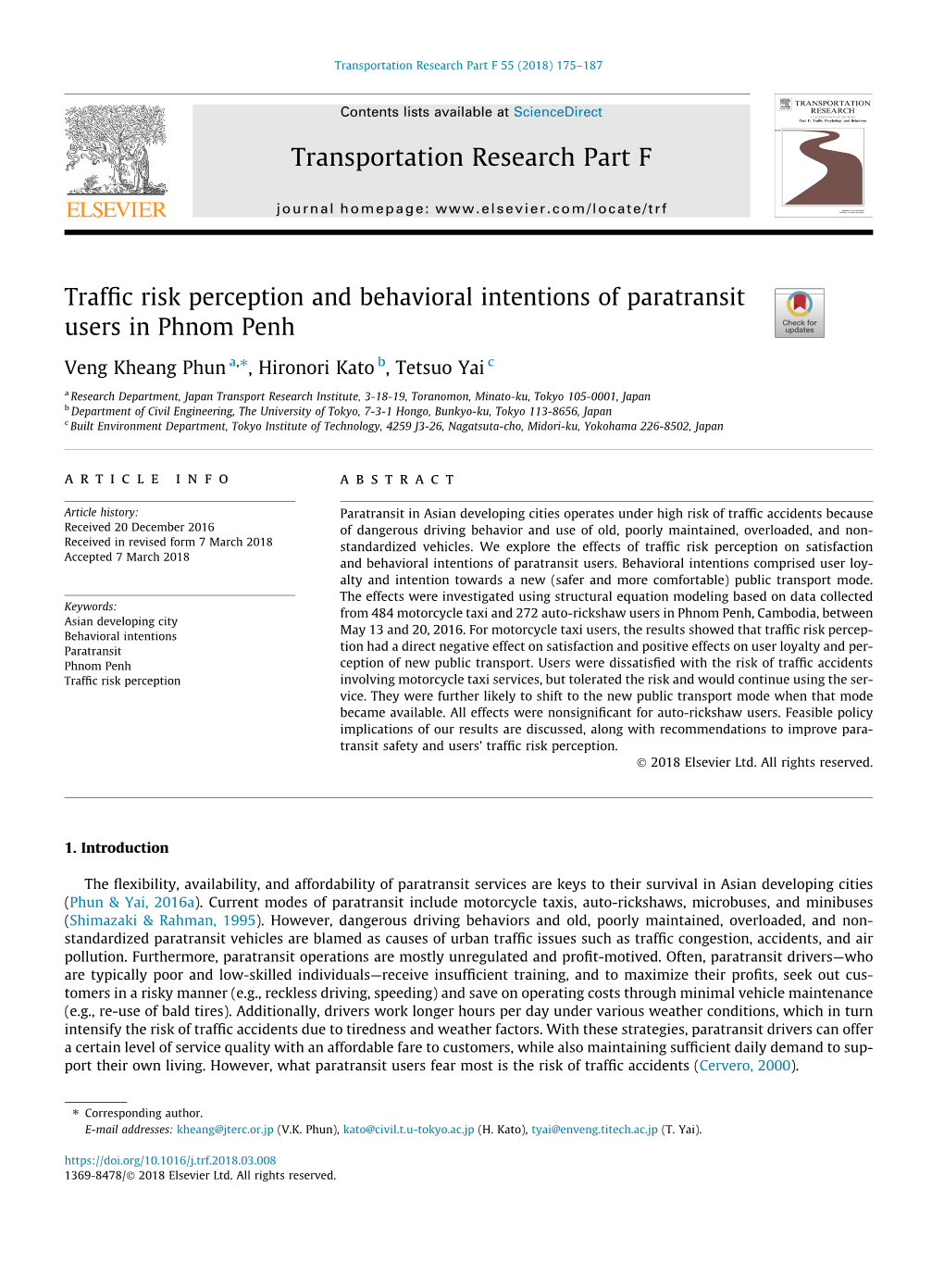 Traffic Risk Perception and Behavioral Intentions of Paratransit Users In