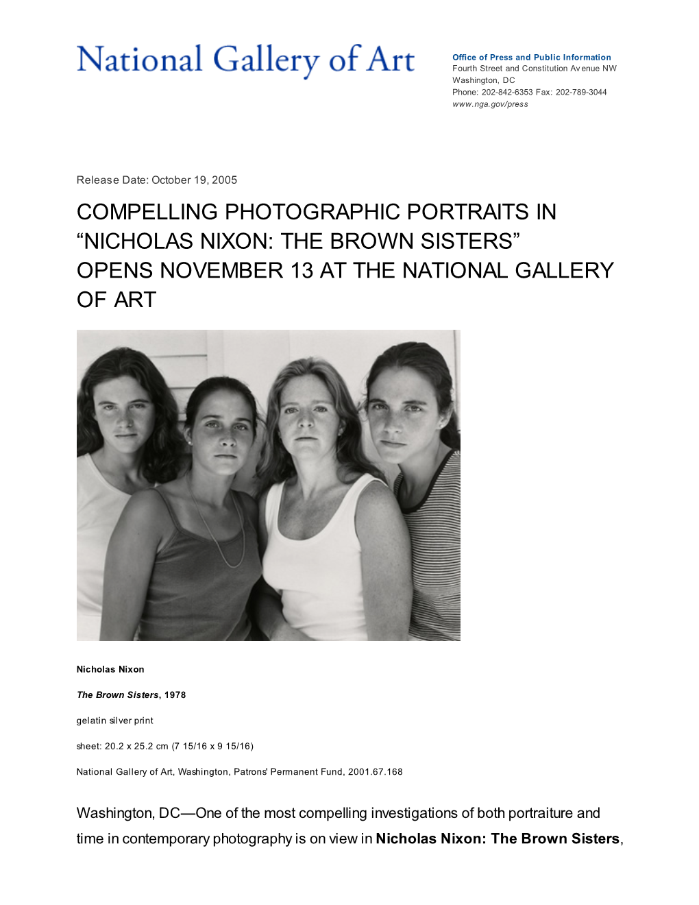 Nicholas Nixon: the Brown Sisters” Opens November 13 at the National Gallery of Art