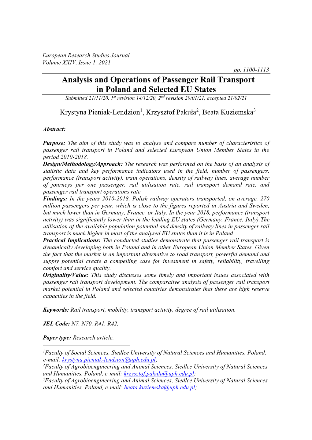 Analysis and Operations of Passenger Rail Transport in Poland And
