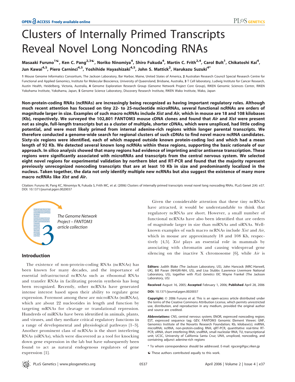 Clusters of Internally Primed Transcripts Reveal Novel Long Noncoding Rnas