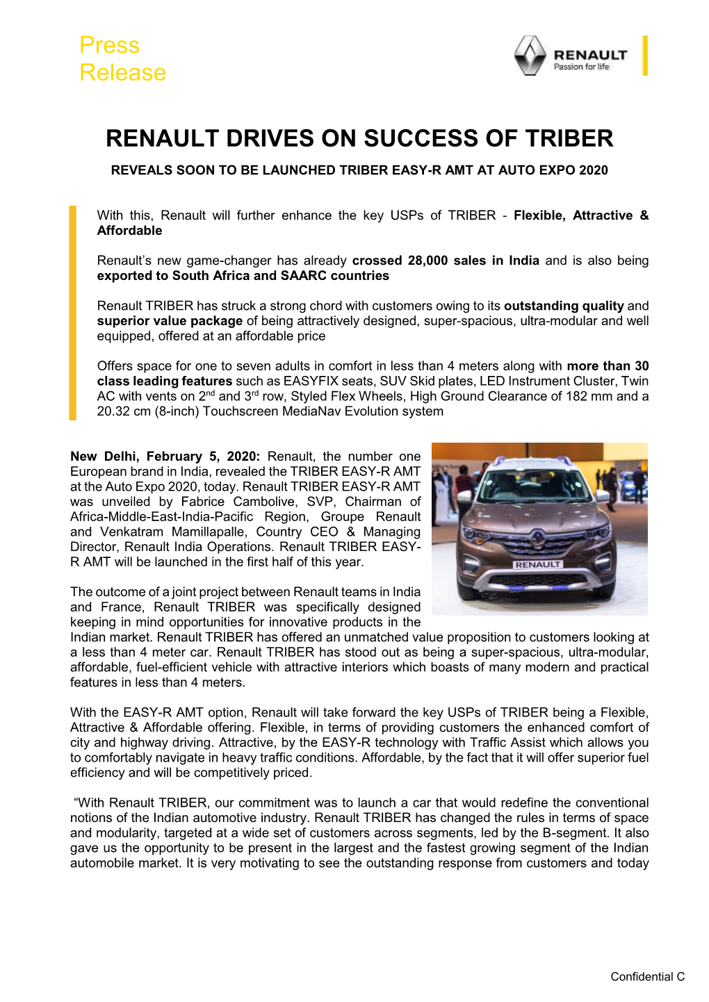 Press Release RENAULT DRIVES on SUCCESS of TRIBER