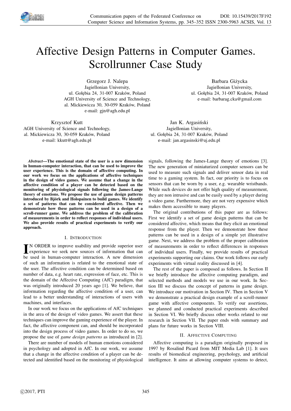 Affective Design Patterns in Computer Games. Scrollrunner Case Study