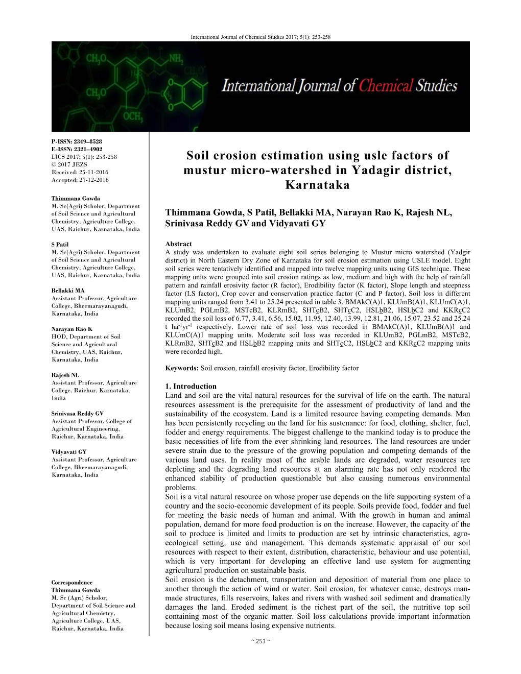 Soil Erosion Estimation Using Usle Factors of Mustur Micro-Watershed in Yadagir District, Karnataka