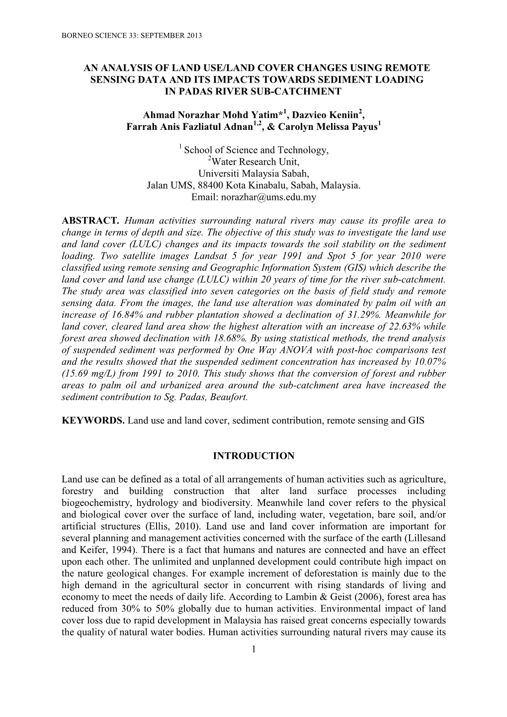 1 an Analysis of Land Use/Land Cover Changes