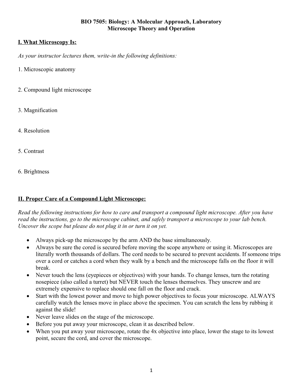 BIO 7505: Biology: a Molecular Approach, Laboratory