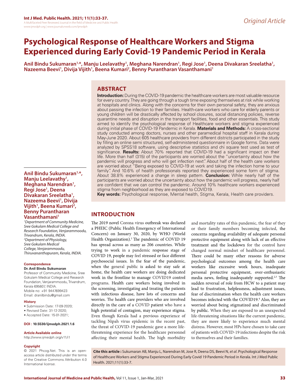 Psychological Response of Healthcare Workers and Stigma