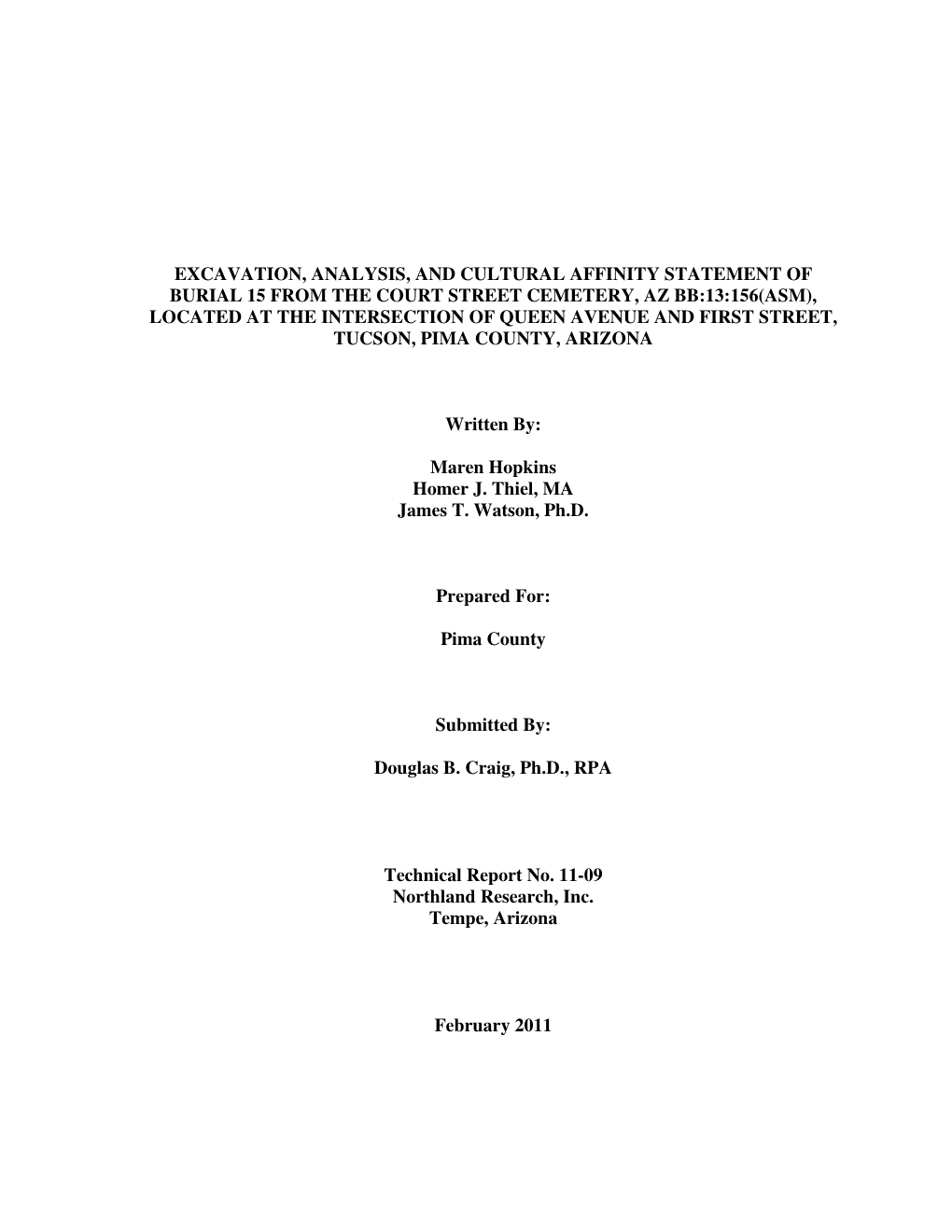 Excavation, Analysis, and Cultural Affinity Statement of Burial 15 From