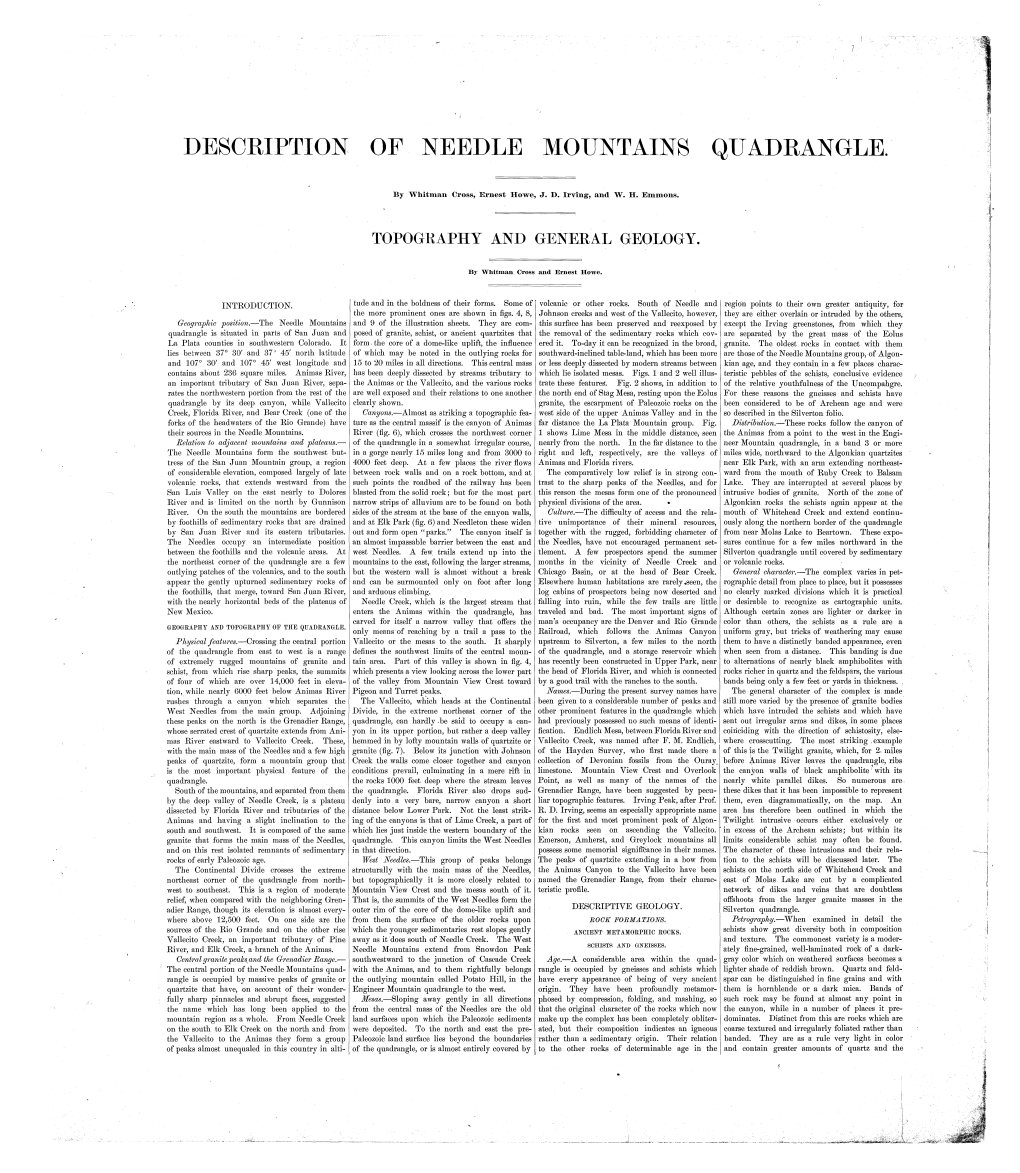 Description of Needle Mountains Quadrangle