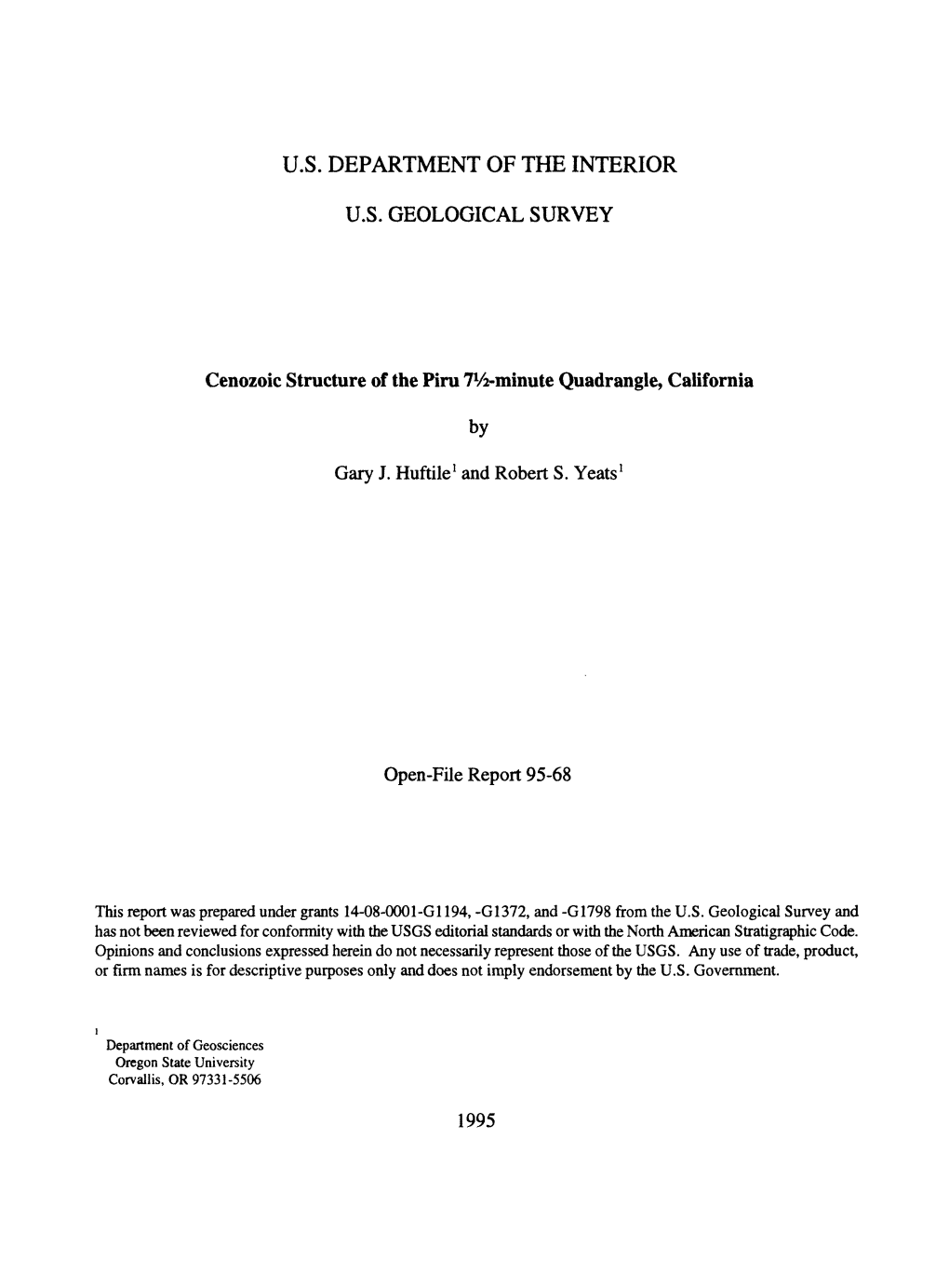 Cenozoic Structure of the Piru Tvi-Minute Quadrangle, California