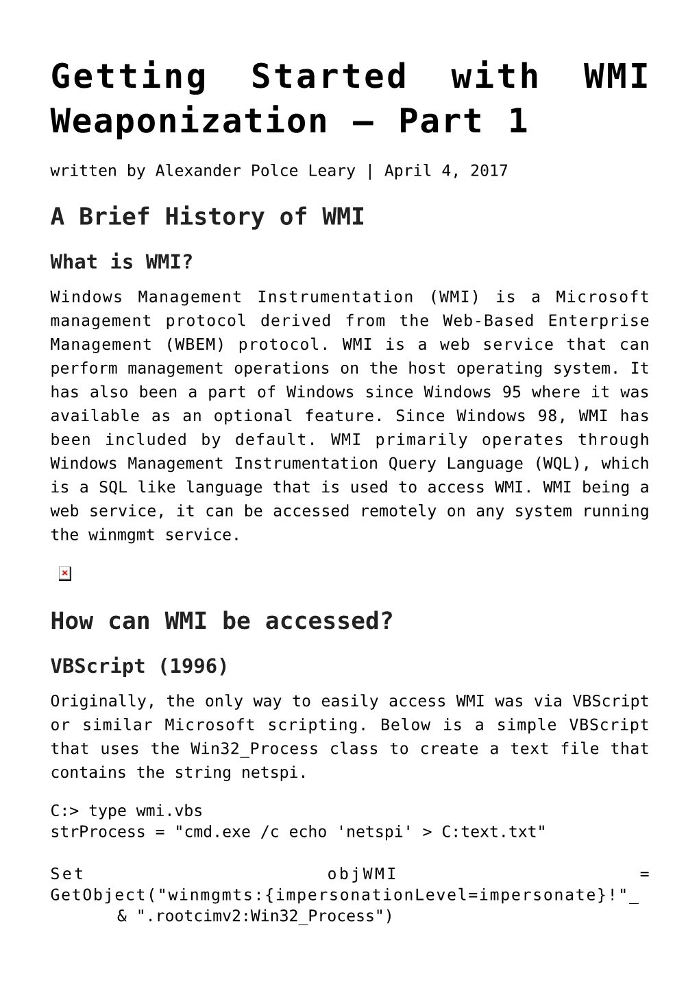 Getting Started with WMI Weaponization – Part 1 Written by Alexander Polce Leary | April 4, 2017