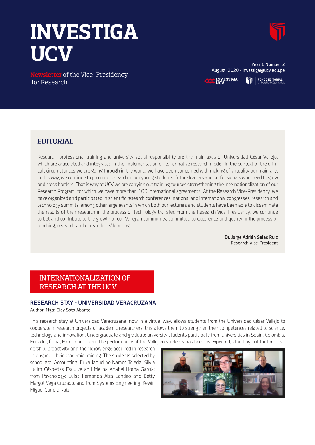 INVESTIGA UCV Year 1 Number 2 August, 2020 - Investiga@Ucv.Edu.Pe Newsletter of the Vice-Presidency for Research