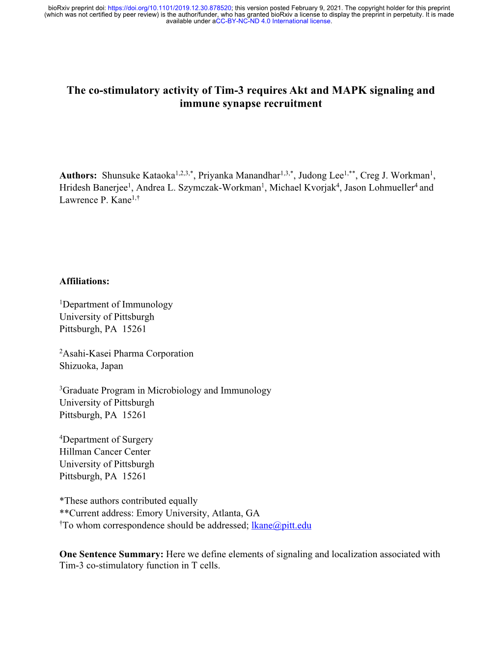 The Co-Stimulatory Activity of Tim-3 Requires Akt and MAPK Signaling and Immune Synapse Recruitment