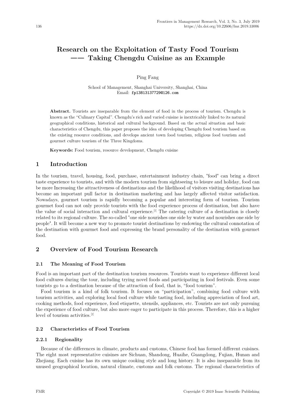 Research on the Exploitation of Tasty Food Tourism —— Taking Chengdu Cuisine As an Example