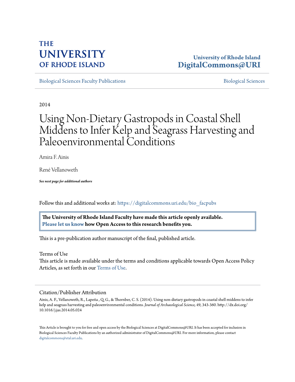 Using Non-Dietary Gastropods in Coastal Shell Middens to Infer Kelp and Seagrass Harvesting and Paleoenvironmental Conditions Amira F