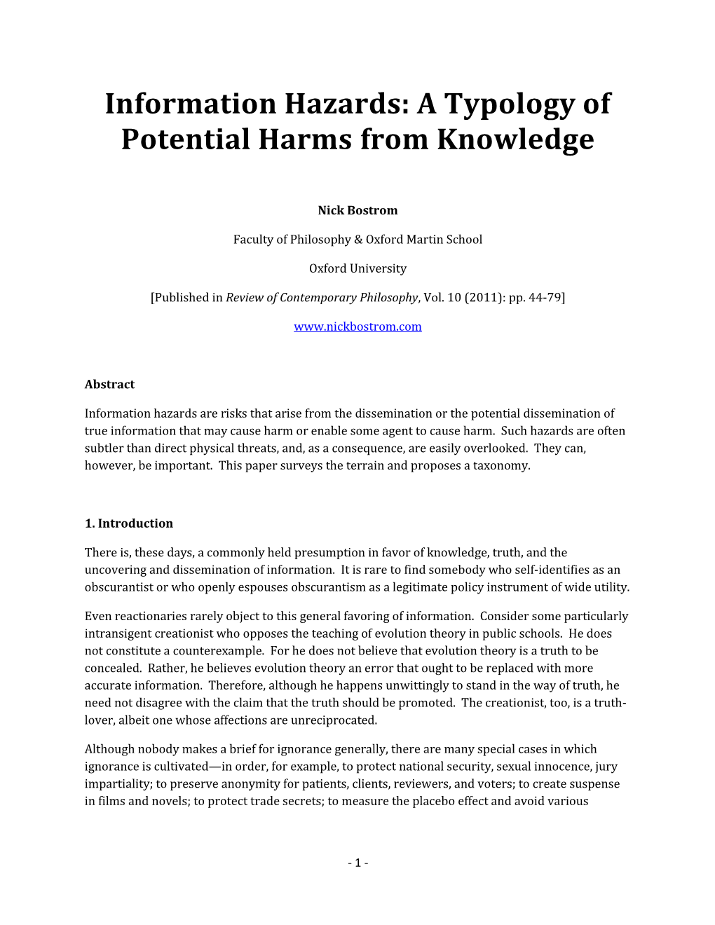 Information Hazards: a Typology of Potential Harms from Knowledge