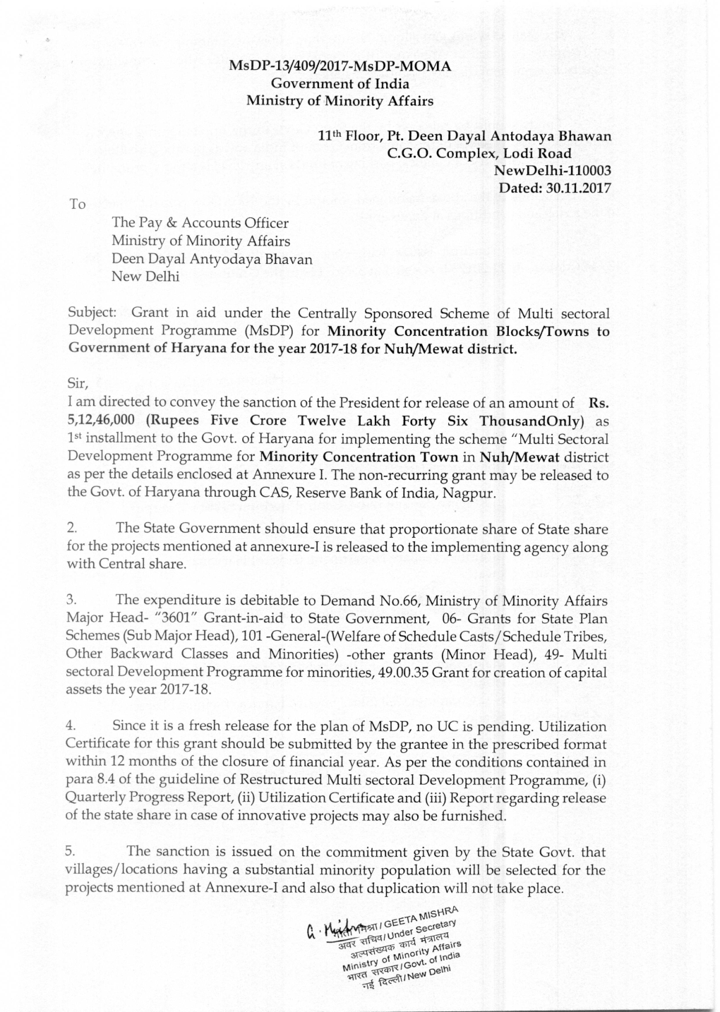 Msdp-13/409/2017-Msdp-MOMA Government of India Ministry of Minority Affairs