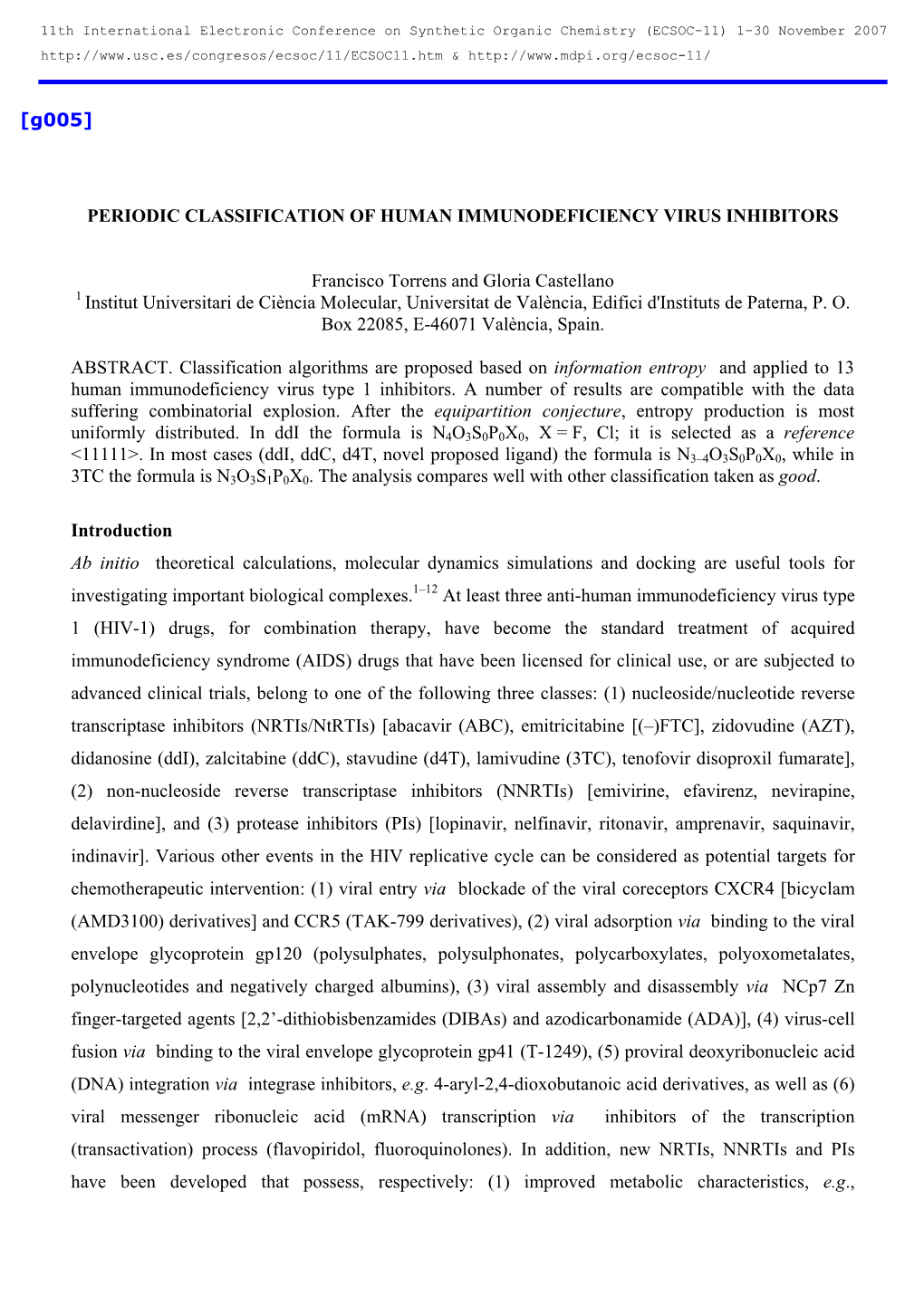 Periodic Classification of Human Immunodeficiency Virus Inhibitors