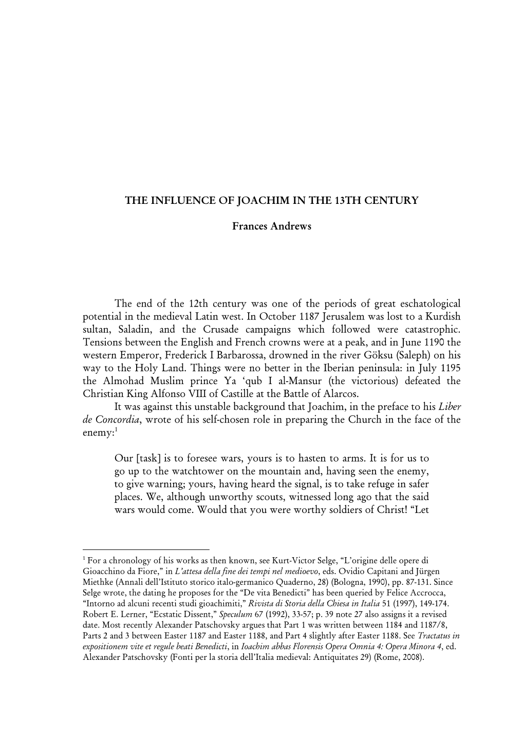 Influence of Joachim in the 13Th Century