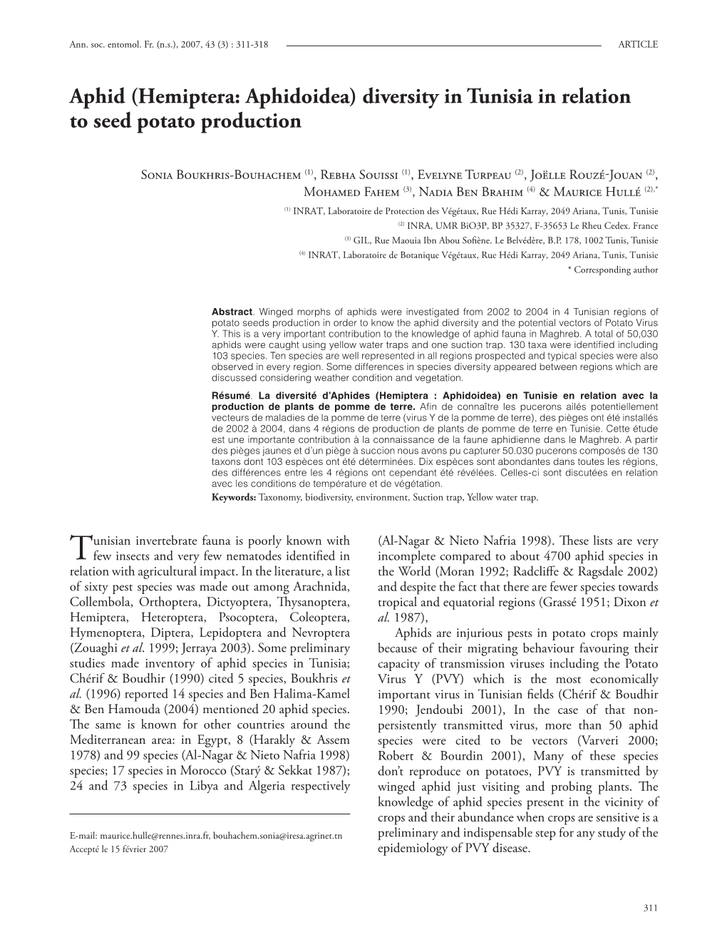 Aphid (Hemiptera: Aphidoidea) Diversity in Tunisia in Relation to Seed Potato Production