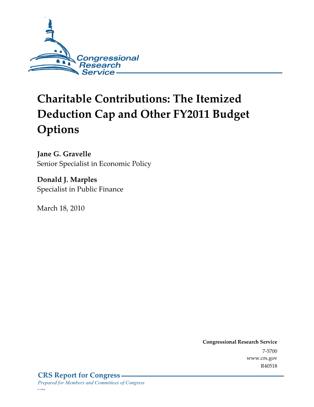 Charitable Contributions: the Itemized Deduction Cap and Other FY2011 Budget Options