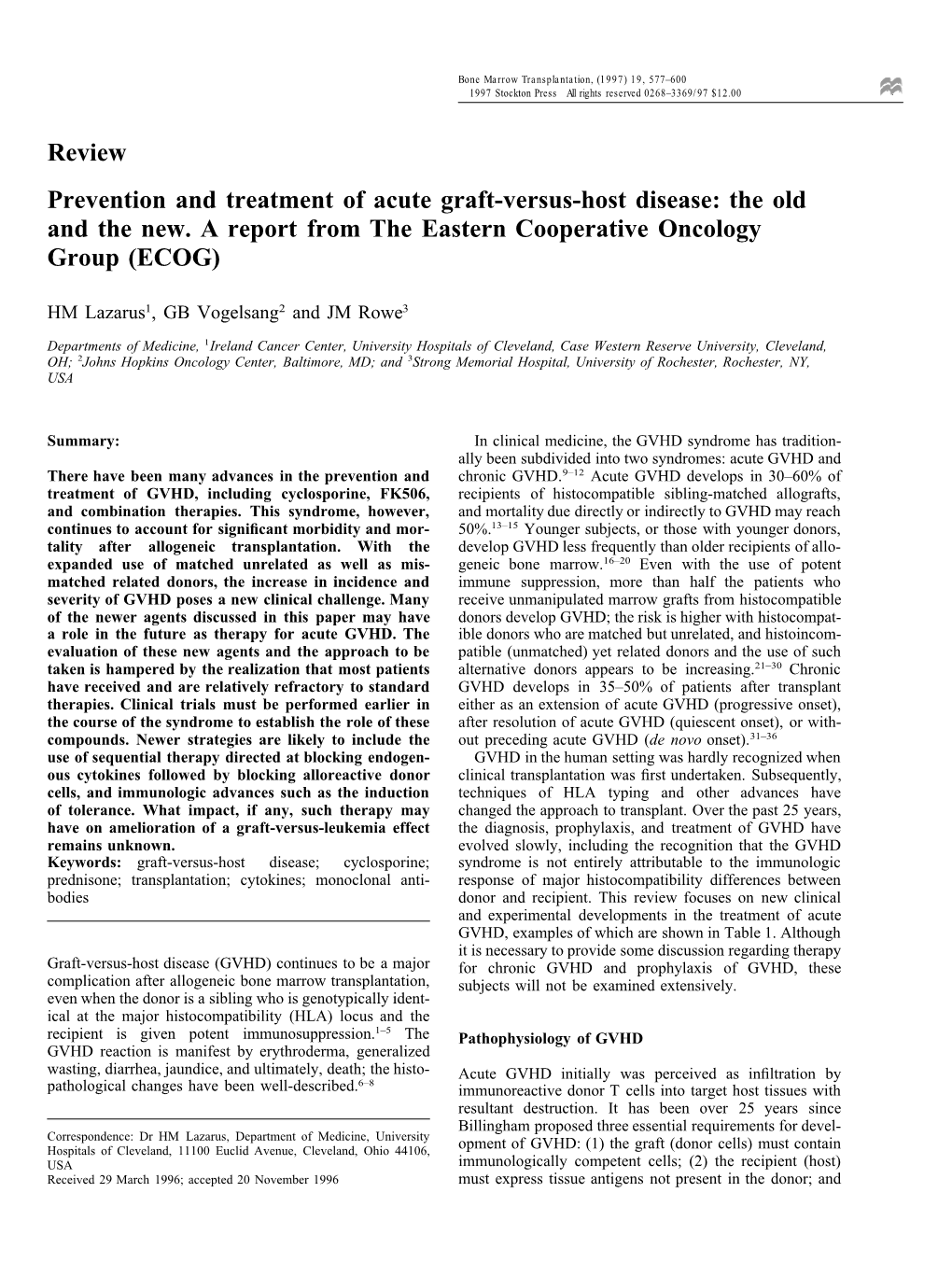 Review Prevention and Treatment of Acute Graft-Versus-Host Disease: the Old and the New