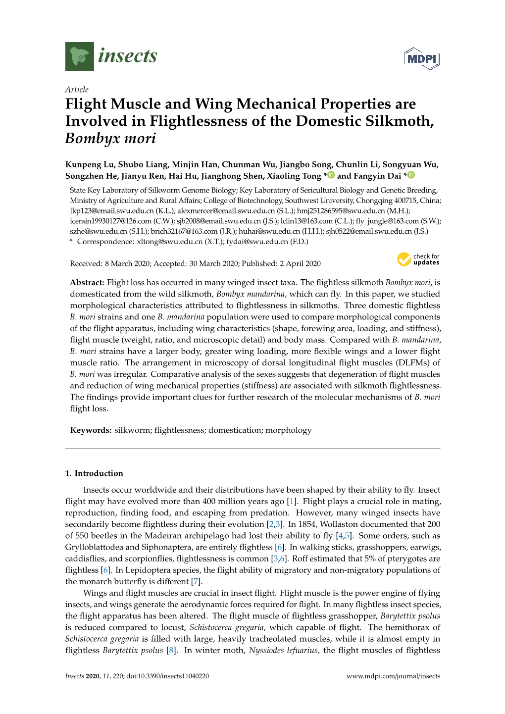 Flight Muscle and Wing Mechanical Properties Are Involved in Flightlessness of the Domestic Silkmoth, Bombyx Mori