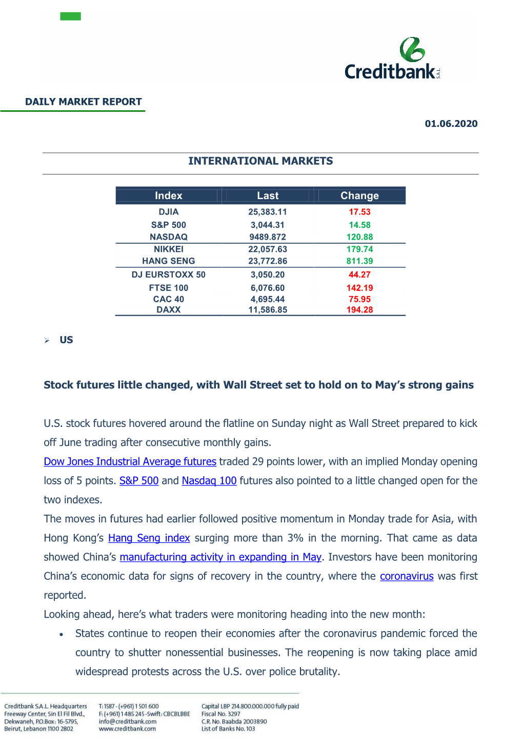INTERNATIONAL MARKETS Index Last Change Stock Futures Little