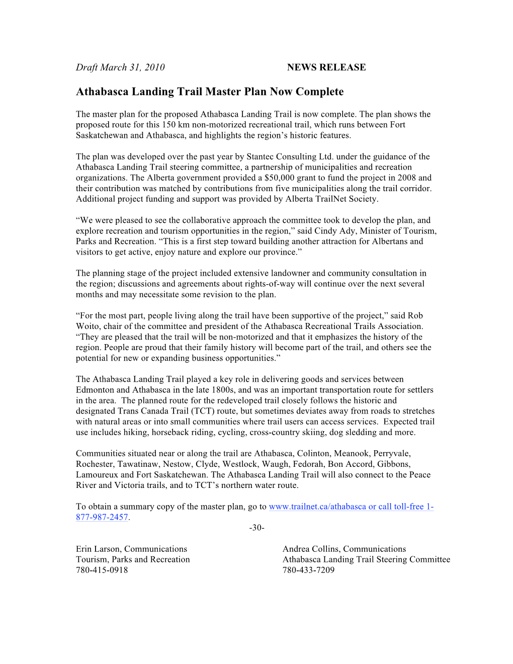 Athabasca Landing Trail Master Plan Now Complete