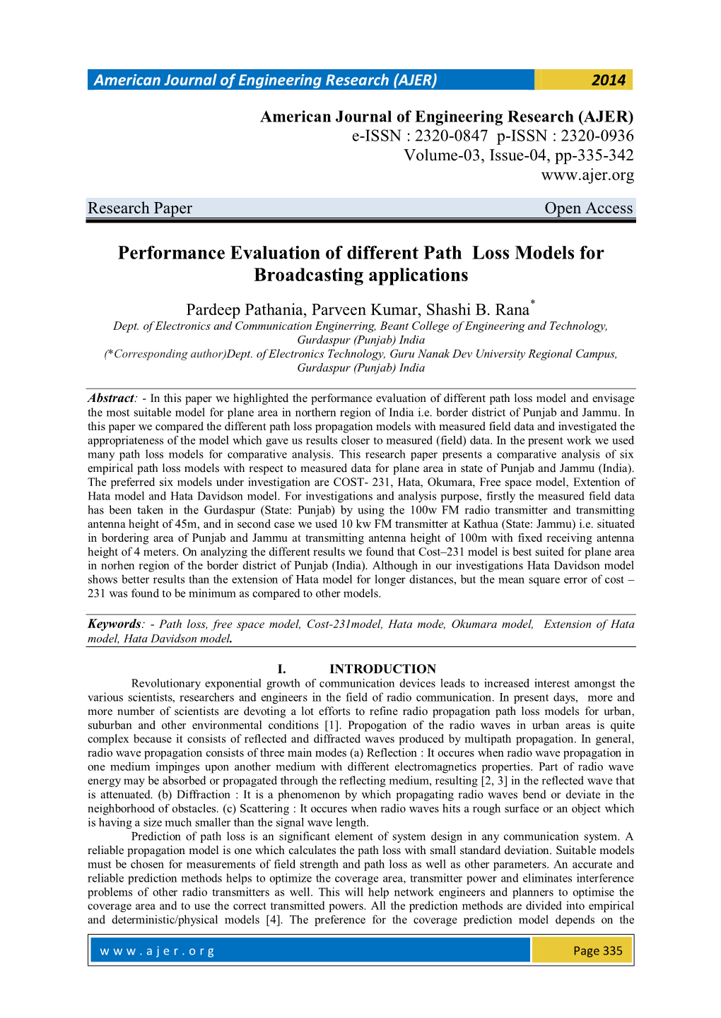 Performance Evaluation of Different Path Loss Models for Broadcasting Applications