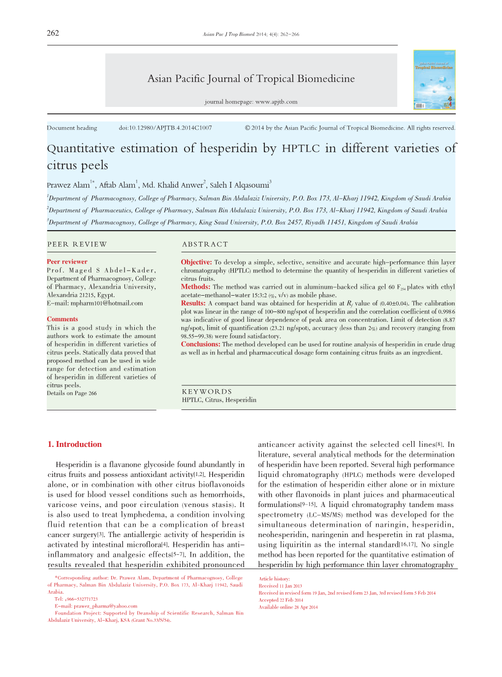 Quantitative Estimation of Hesperidin by HPTLC in Different Varieties of Citrus Peels