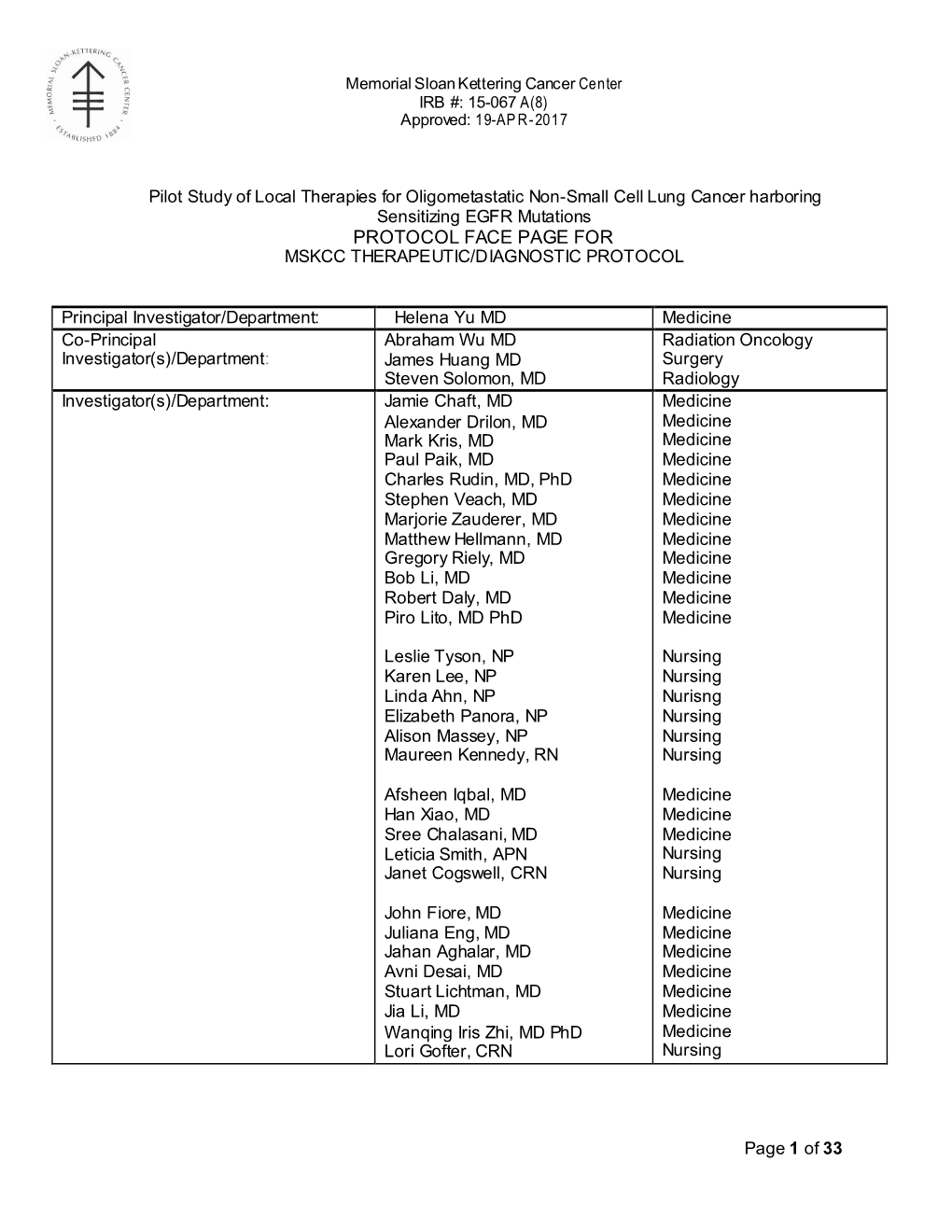 Memorial Sloan Kettering Cancer Center IRB #: 15-067 A(8) Approved: 19-AP R-2017