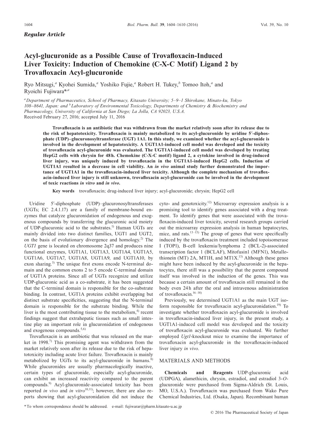 (CXC Motif) Ligand 2 by Trovafloxacin Acyl-Glucuronide