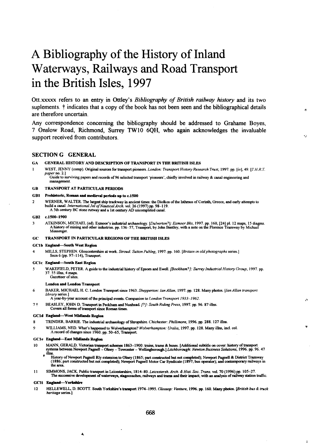 A Bibliography of the History of Inland Waterways, Railways and Road Transport in the British Isles, 1997