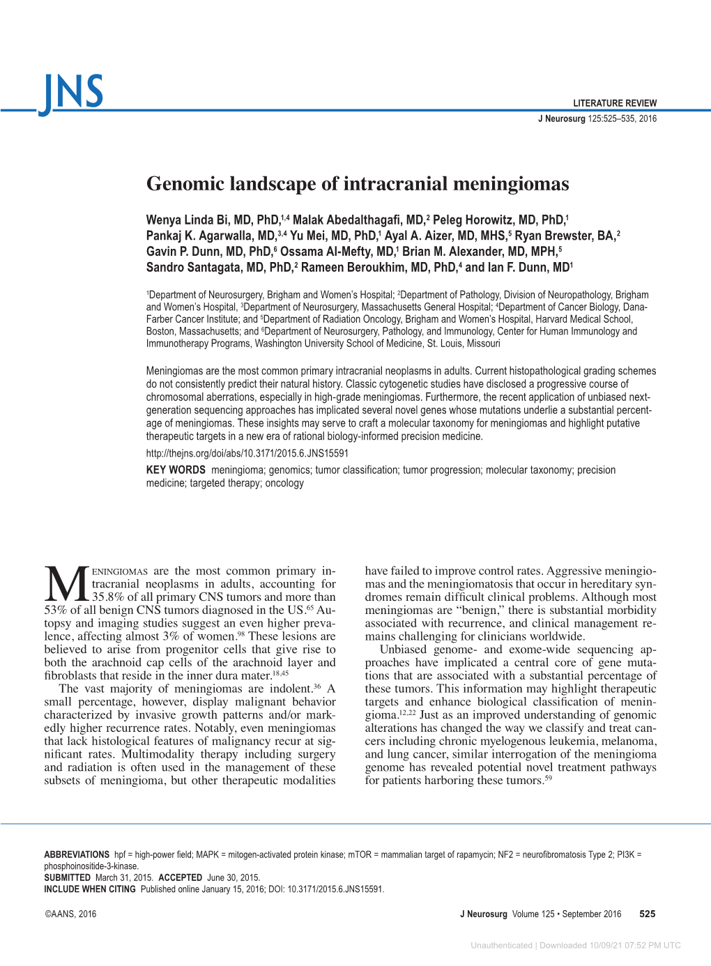 Genomic Landscape of Intracranial Meningiomas