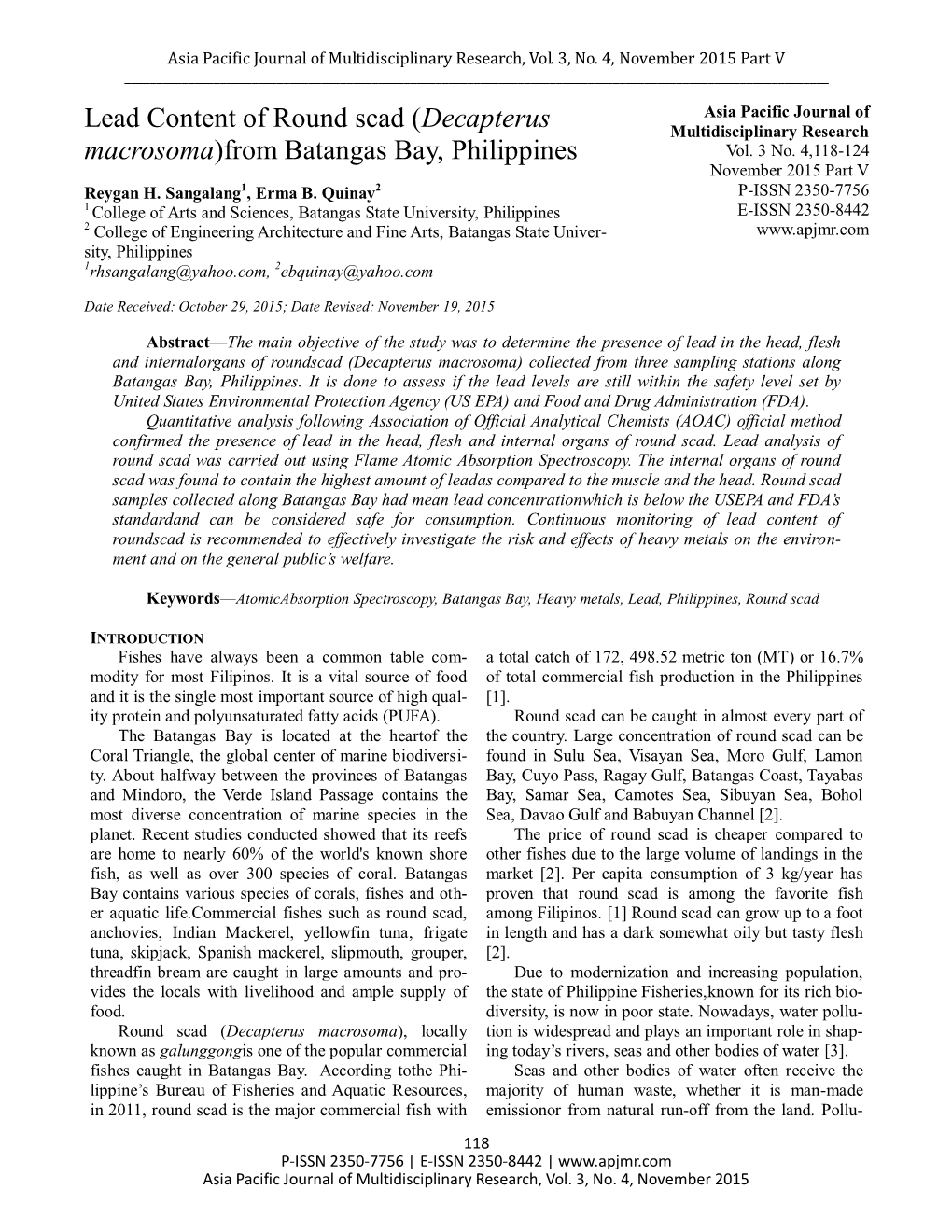 Lead Content of Round Scad (Decapterus Macrosoma)