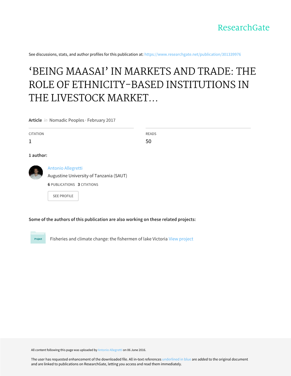 'Being Maasai' in Markets and Trade, the Role of Ethnicity-Based