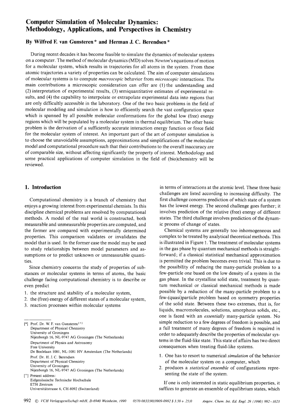 Computer Simulation of Molecular Dynamics: Methodology, Applications, and Perspectives in Chemistry