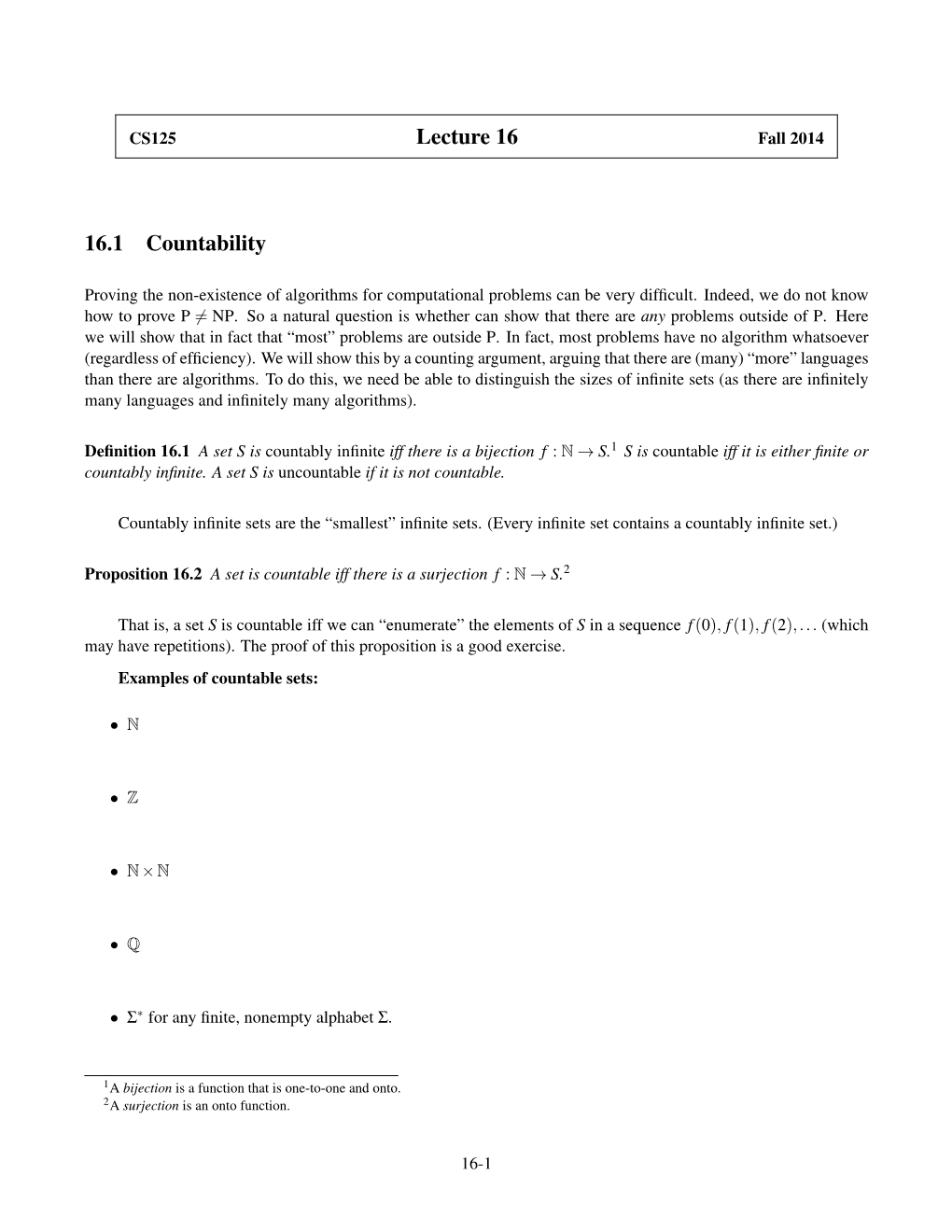 Lecture 16 16.1 Countability