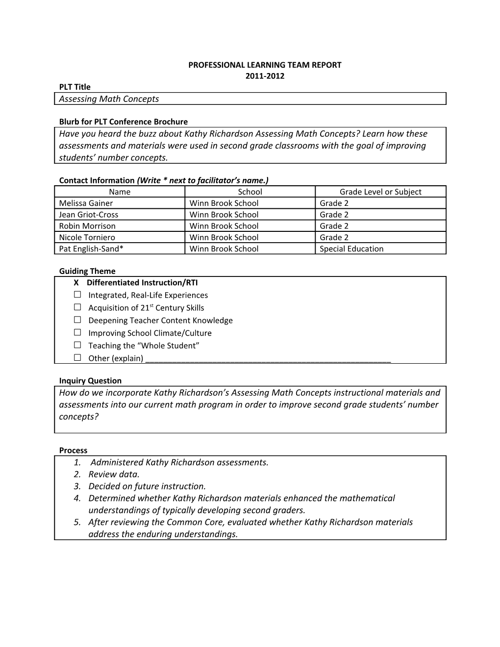 Professional Learning Team Report s1