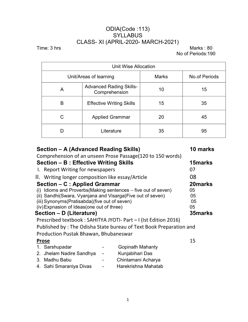 ODIA(Code :113) SYLLABUS CLASS- XI (APRIL-2020- MARCH-2021) Time: 3 Hrs Marks : 80 No of Periods:190