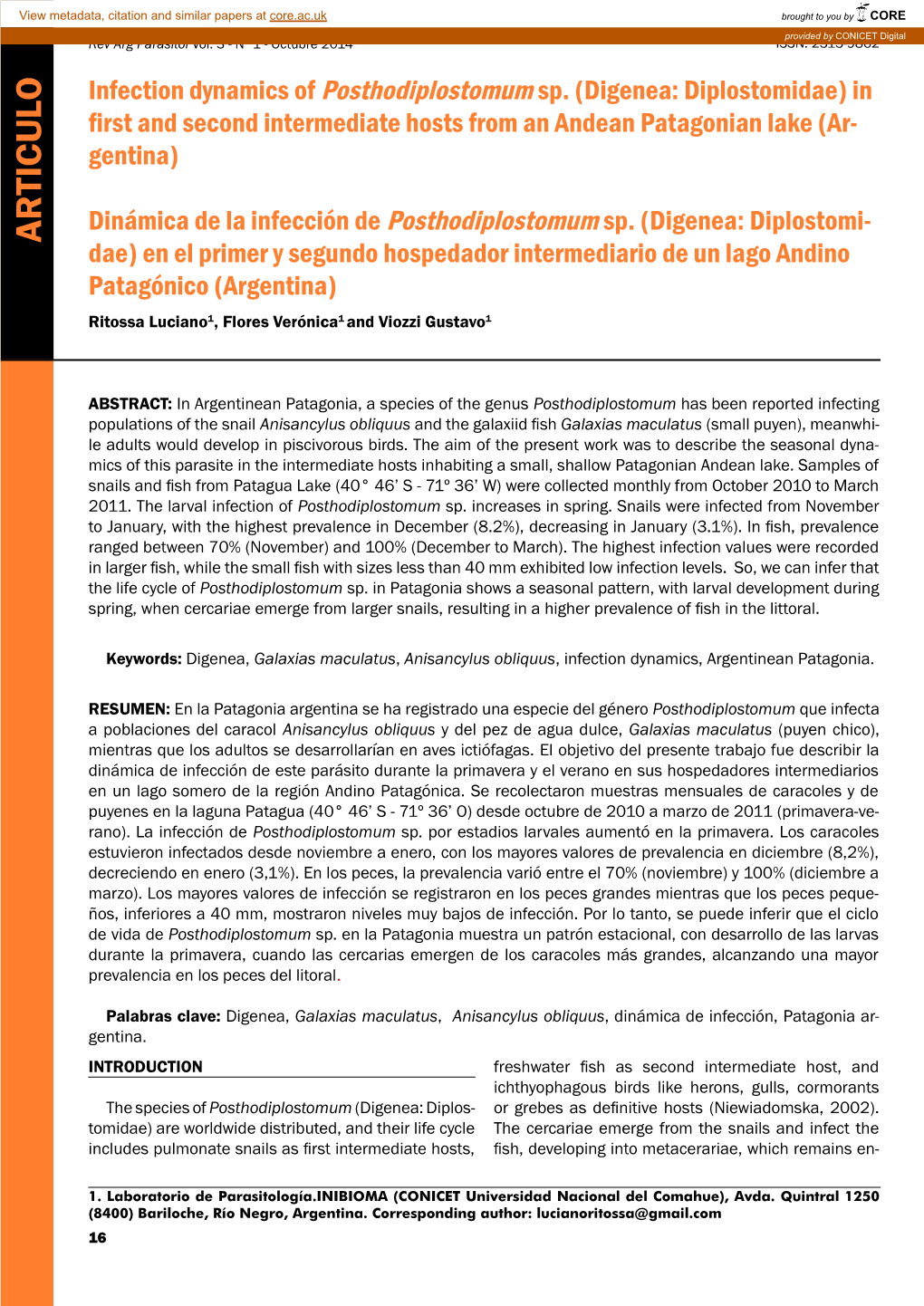 Infection Dynamics of Sp. (Digenea: Diplostomidae) in ﬁ Rst and Second Intermediate Hosts from an Andean Patagonian Lake (Ar- Gentina)