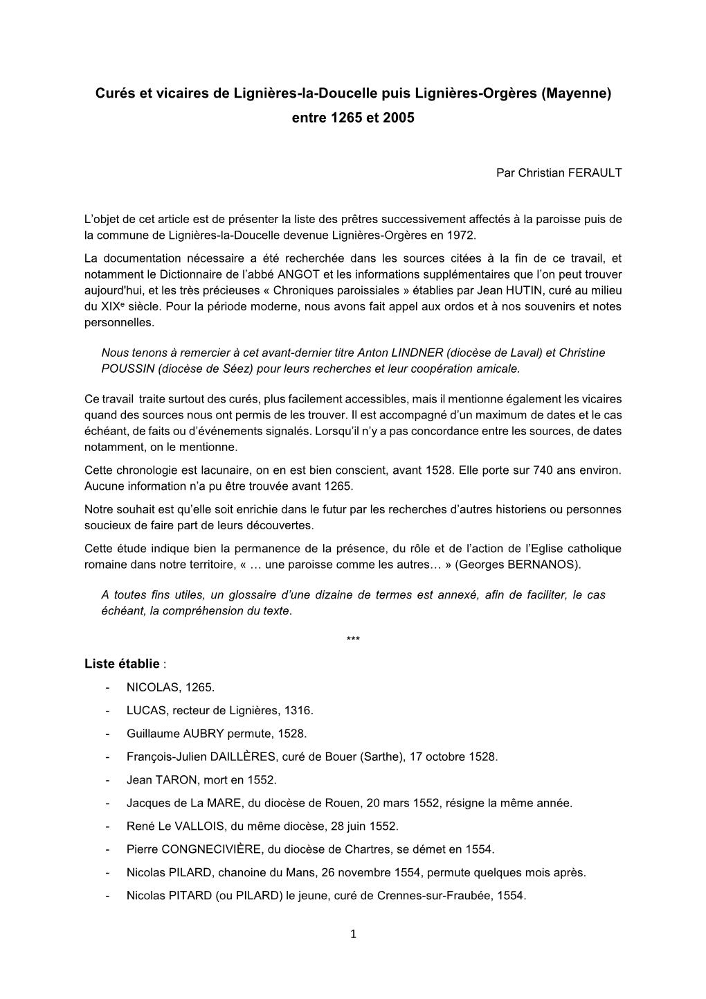 Curés Et Vicaires De Lignières-La-Doucelle Puis Lignières-Orgères (Mayenne) Entre 1265 Et 2005