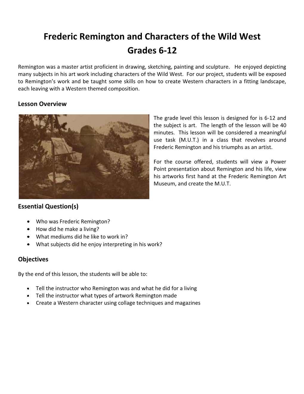 Frederic Remington and Characters of the Wild West Grades 6-12